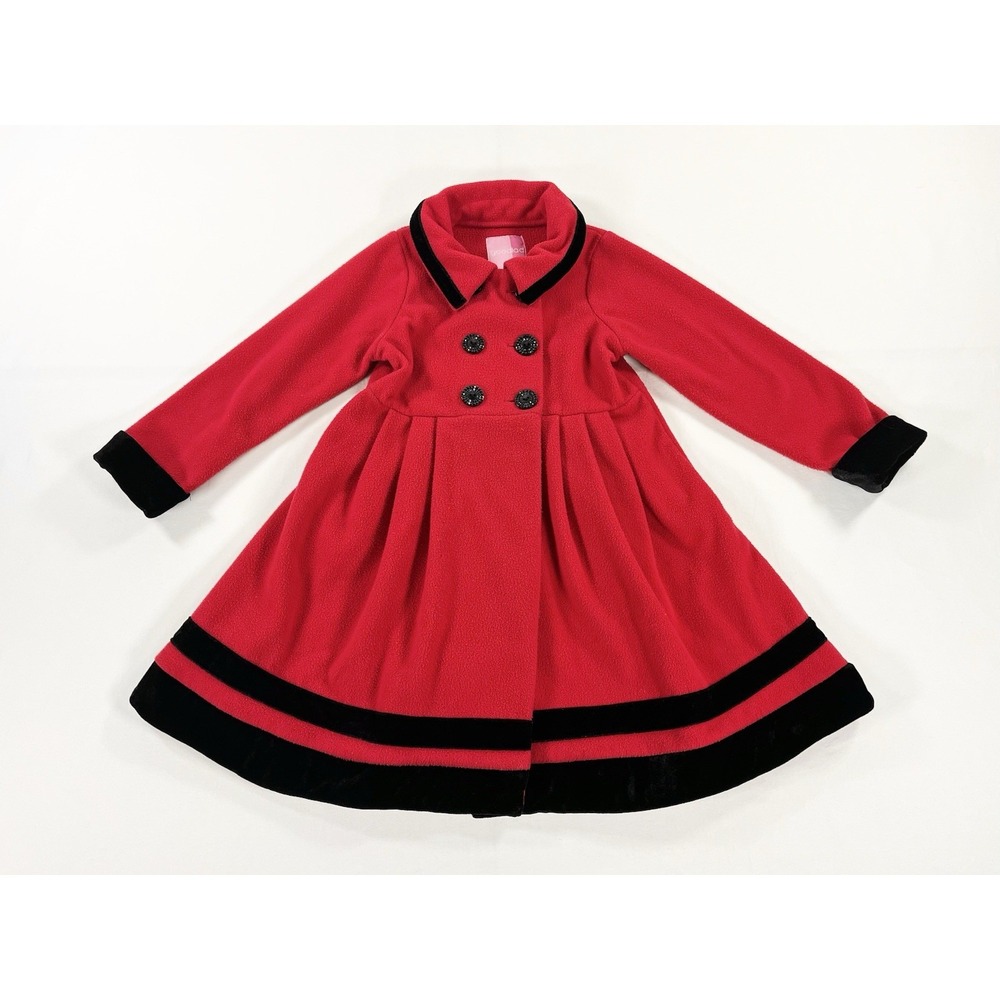 Good Lad Girls Red Fleece Pea Coat Black Velvet Trim Dressy Holiday Swing Size 6